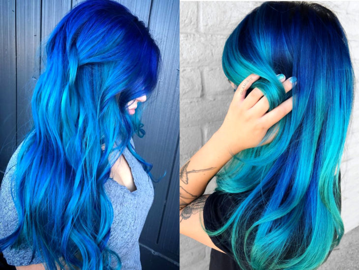 Blue balayage; cabello teñido de azul degradado que parece el océano