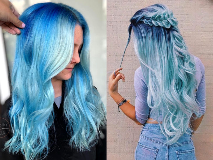 Blue balayage; cabello teñido de azul degradado a blanco que parece el océano