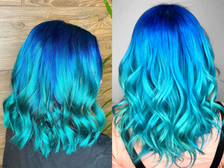 Blue balayage; cabello teñido de azul degradado que parece el océano