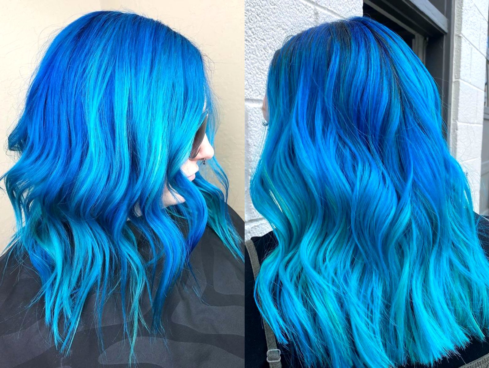 Blue balayage on medium blonde hair: Before and after - wide 1