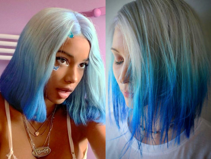 Blue balayage; cabello teñido de azul degradado a blanco que parece el océano