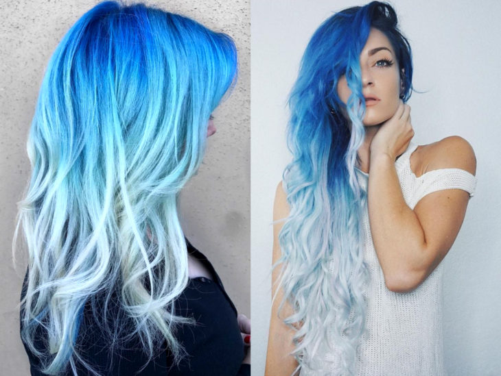 Blue balayage; cabello teñido de azul degradado a blanco que parece el océano