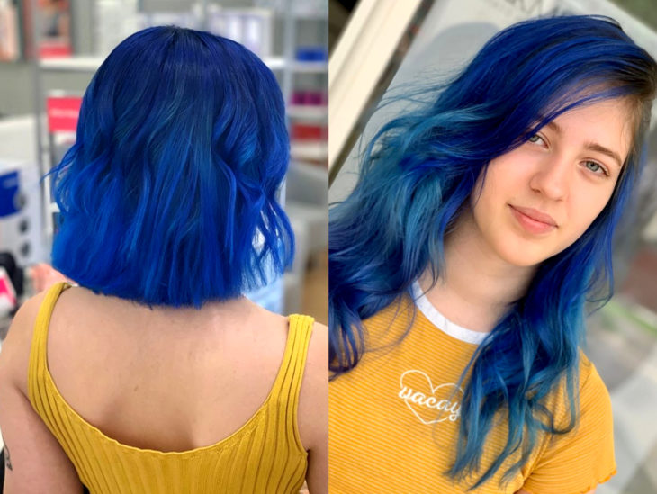 Blue balayage; cabello teñido de azul degradado que parece el océano