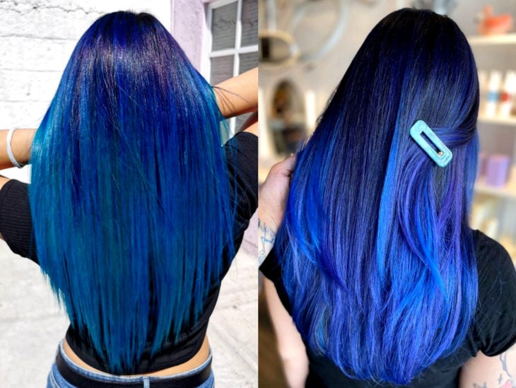 Blue balayage; cabello teñido de azul degradado que parece el océano