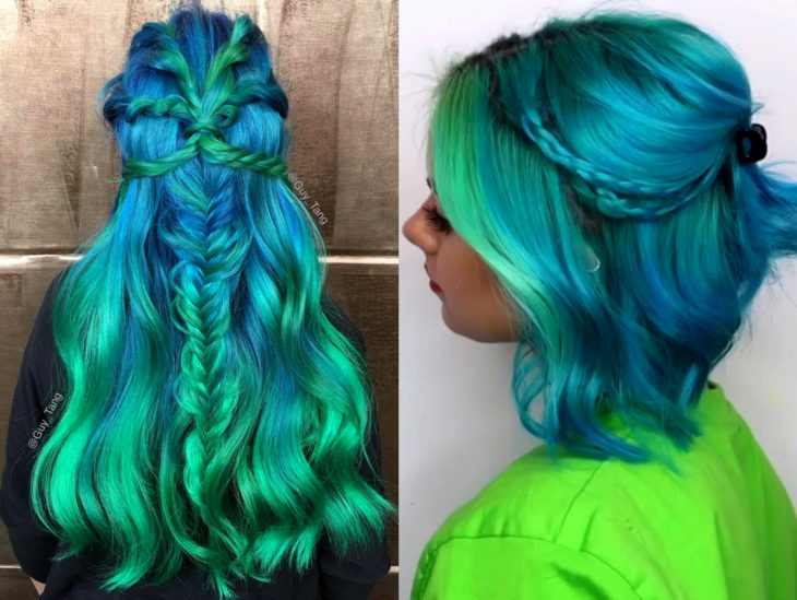 Blue balayage; cabello teñido de azul degradado a verde que parece el océano