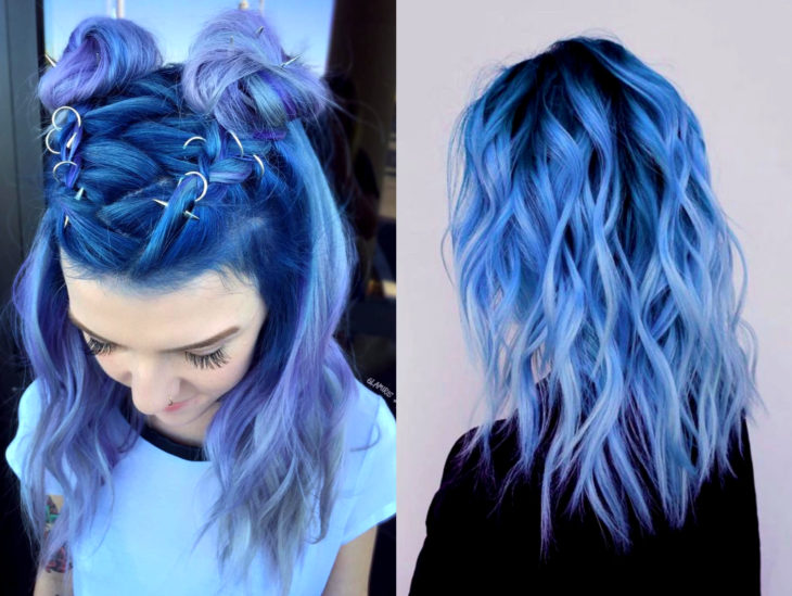 Blue balayage; cabello teñido de azul degradado a lila que parece el océano