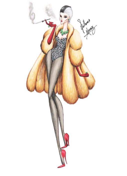 Cruella de Vil dibujada por Guillermo Meraz en estilo princesa Disney