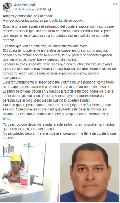 Comentario en facebook sobre hombre que fue estafado y luego ayudado a pagar su deuda 