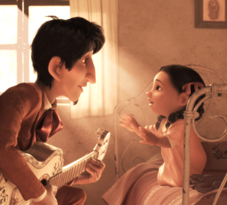 Escenas tristes de películas Disney; Coco, Héctor y mamá Imelda de niña, tocando la guitarra, Recuérdame