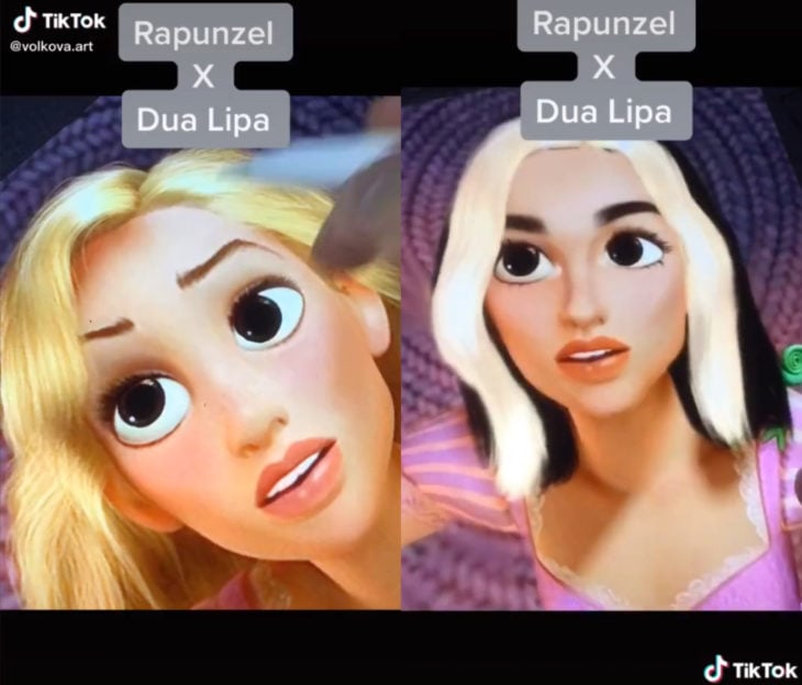 Artista Lisa Volkova ilustra cómo se verían las famosas si fueran princesas Disney; Enredados, Rapunzel, Dua Lipa