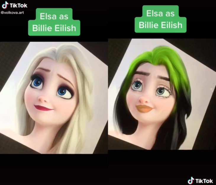 Artista Lisa Volkova ilustra cómo se verían las famosas si fueran princesas Disney; Frozen, Elsa, Billie Eilish