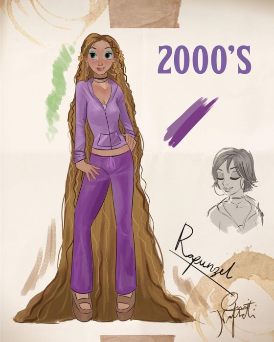 Artista Amit Naftali ilustró a las princesas Disney con vestidos de diferentes épocas; Rapunzel, Enredados, ropa de mujer del 2000