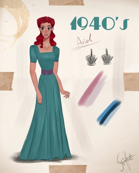 Artista Amit Naftali ilustró a las princesas Disney con vestidos de diferentes épocas; Ariel, La sirenita, ropa de mujer de 1940