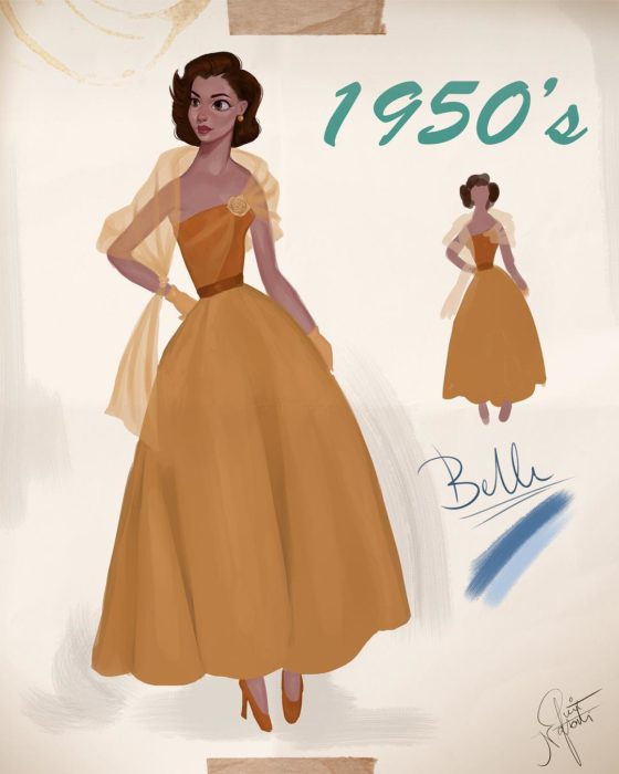 Artista Amit Naftali ilustró a las princesas Disney con vestidos de diferentes épocas; Bella, La bella y la bestia, ropa de mujer de 1950