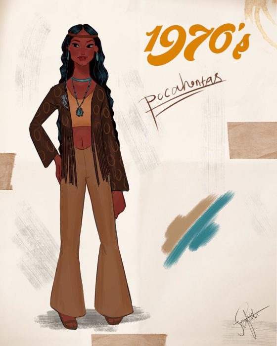 Artista Amit Naftali ilustró a las princesas Disney con vestidos de diferentes épocas; Pocahontas, ropa de mujer de 1970