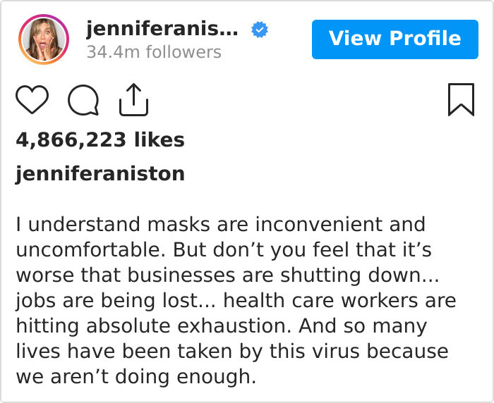 Publicación de Jennifer Aniston para instar al uso de cubre boca