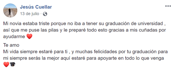 Joven prepara graduación en casa para su novia