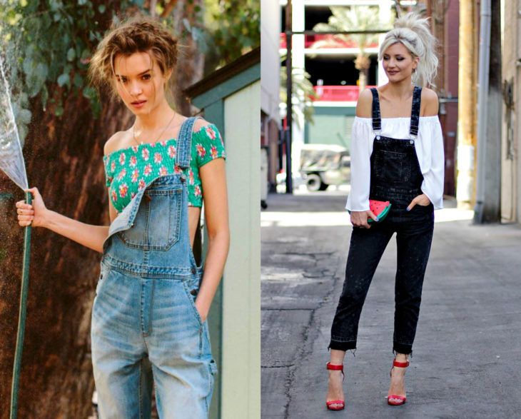 Looks con overol negro y azul, con blusa campesina sin hombros, verde con flores y blanca