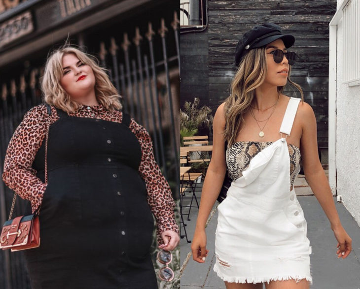 Looks con overol negro y blanco, con blusa y top de animal print; chica plus size