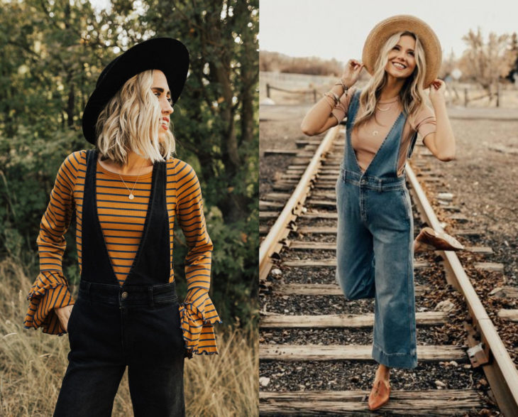 Looks con overol escotado y con sombrero, bohemio