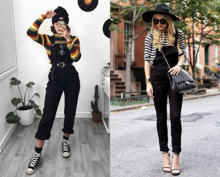 Looks con overol negro y blusa rayada, con gorro y sombrero 