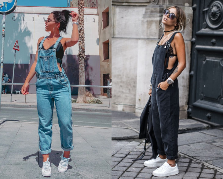 Looks con overol azul y gris oscuro, con bralette y tenis blancos