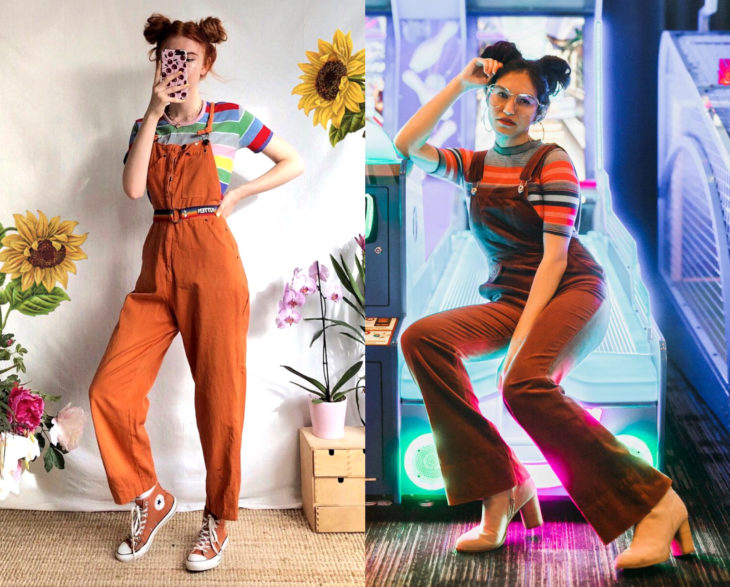 Looks con overol anaranjado, blusa rayada de colores y chica con peinado de buns, chongos altos; retro