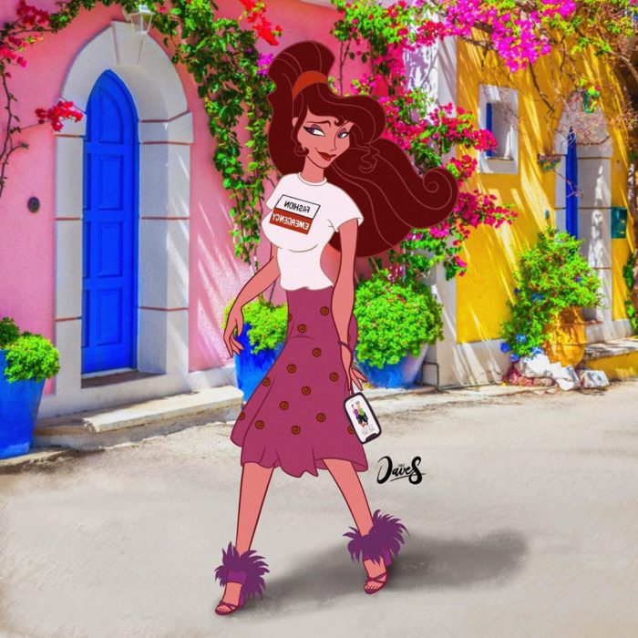 Megara usando una blusa básica y una maxifalda