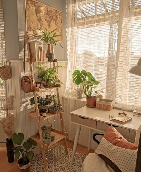 Área de trabajo o estudio decorado con plantas