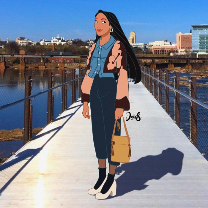 Pocahontas con mom jeans, blusa denim y chaqueta