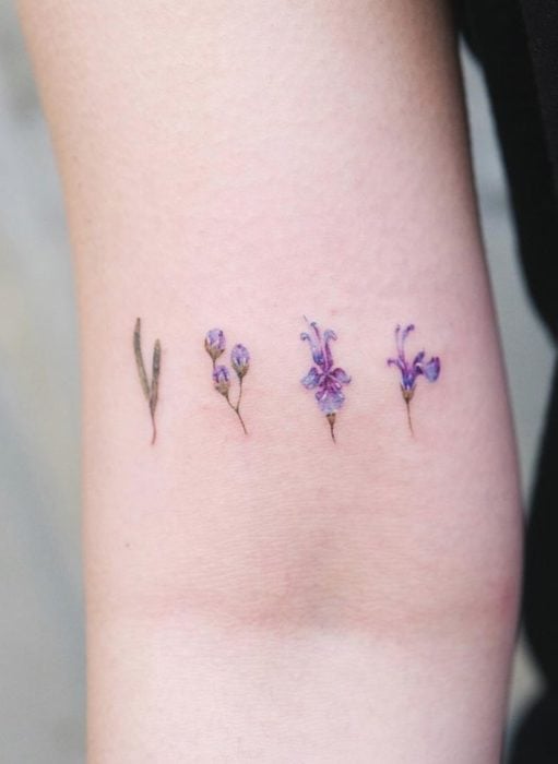 Tatuaje de flores en el brazo en el que se ve el crecimiento de un capullo de amapola