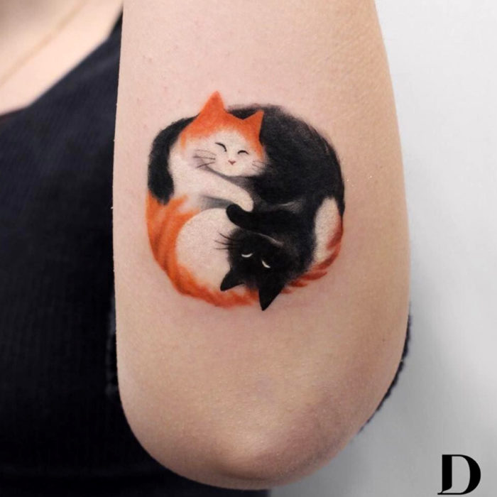 Tatuajes de gatos; tatuaje en el brazo de felinos abrazados, anaranjado y negro