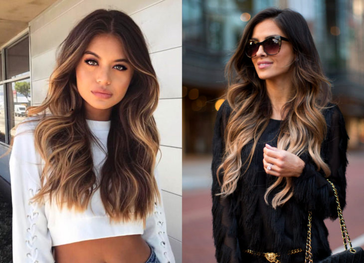 Colores de cabello para chicas morenas; tinte balayage castaño con puntas rubias