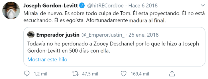 Screenshot de Twitter de respuesta de Gordon-Levitt a usuario