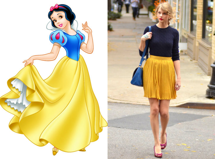 Famosas con vestidos de princesa Disney; Blancanieves, Taylor Swift vestido amarillo con azul