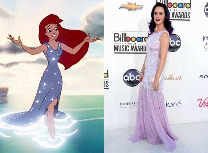 Famosas con vestidos de princesa Disney; Ariel, La sirenita, Katy Perry, vestido morado lavanda brillante