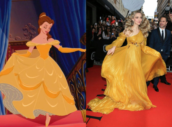 Famosas con vestidos de princesa Disney; Bella, La bella y la bestia, Amanda Seyfried, vestido amarillo