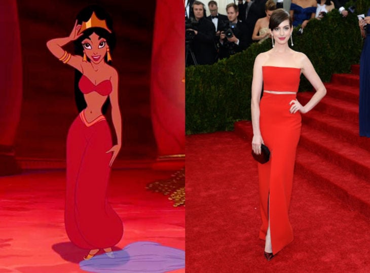 Famosas con vestidos de princesa Disney; Jasmín, Aladdín, Anne Hathaway, vestido rojo de dos piezas