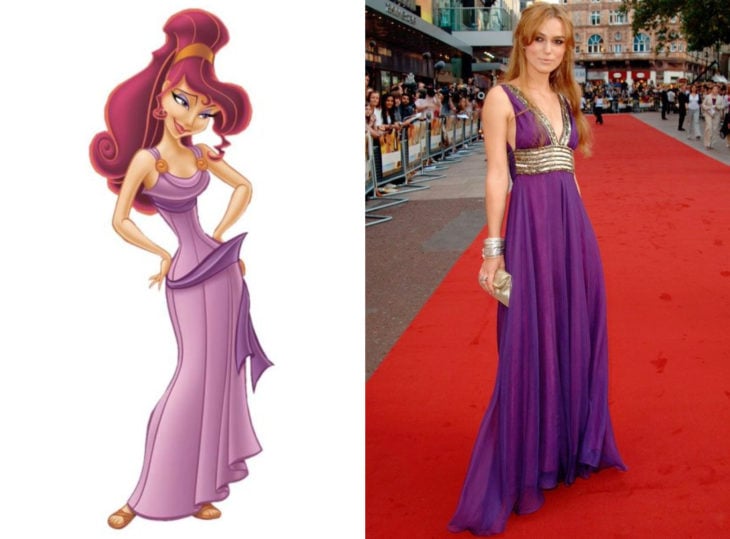 Famosas con vestidos de princesa Disney; Megara, Hércules, Kiera Knightley, vestido morado