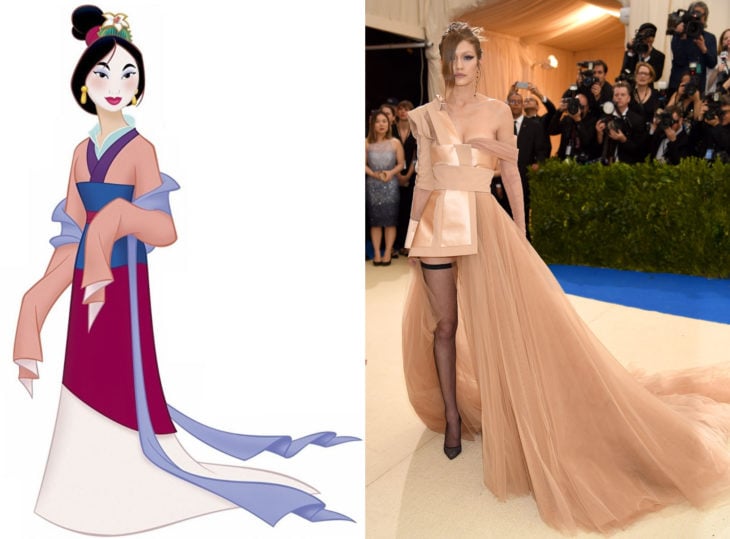 Famosas con vestidos de princesa Disney; Mulan geisha, Gigi Hadid, vestido con moño
