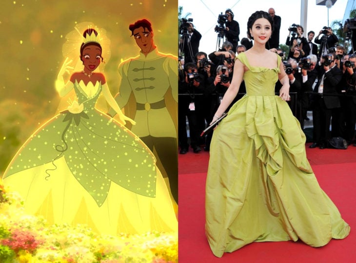 Famosas con vestidos de princesa Disney; Tiana, La princesa y el sapo, Fan Binbing, vestido verde