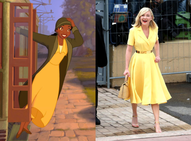 Famosas con vestidos de princesa Disney; Tiana, La princesa y el sapo, vestido amarillo, Kirsten Dunst