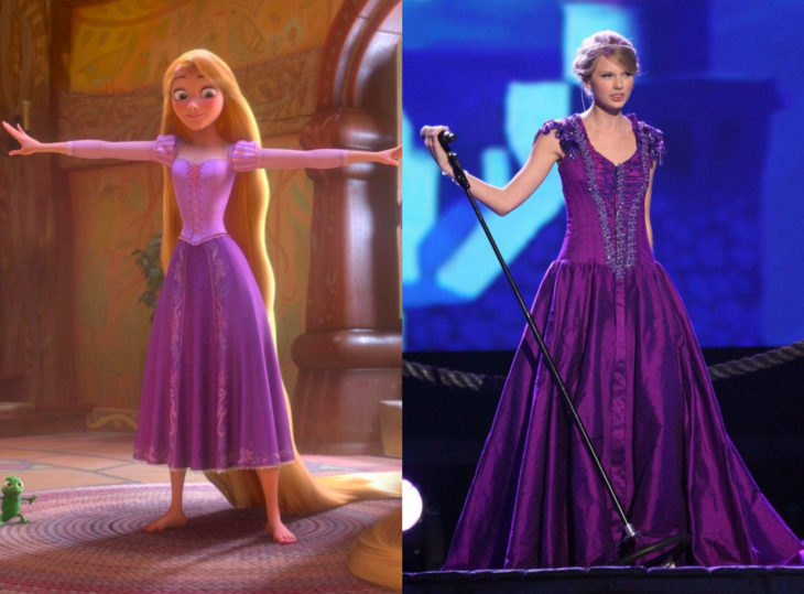 Famosas con vestidos de princesa Disney; Rapunzel, Enredados, Taylor Swift vestido morado