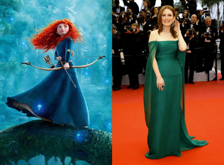 Famosas con vestidos de princesa Disney; Merida, Valiente, Julianne Moore, vestido verde