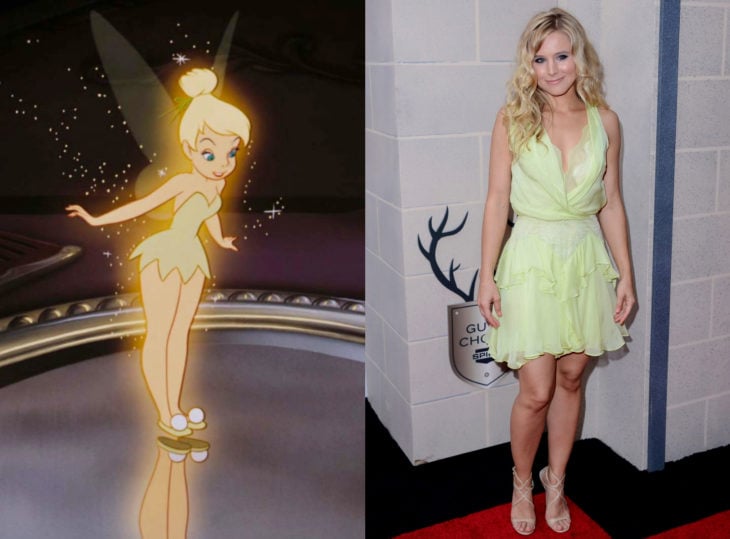 Famosas con vestidos de princesa Disney; Campanita, Peter Pan, Kristen Bell con vestido verde amarillo