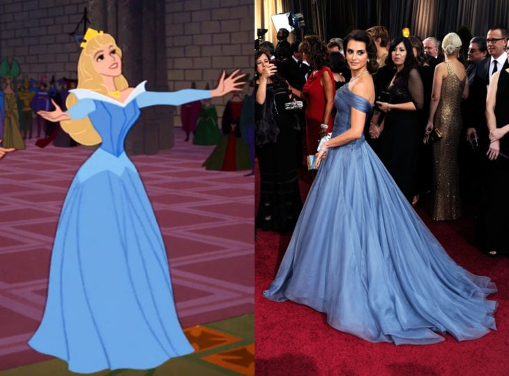 Famosas con vestidos de princesa Disney; Aurora, La bella durmiente, Penélope Cruz, vestido azul
