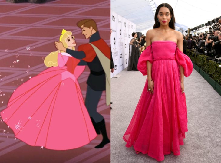 Famosas con vestidos de princesa Disney; Aurora, La bella durmiente, Laura Harrier, vestido rosa