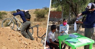 Profesor cruza el campo en bicicleta para enseñar a sus alumnos en cuarentena