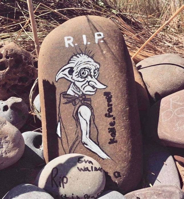 Piedra pintada con un Dobby en las playas de Gales para el santuario de Dobby