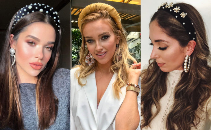 Accesorios bonitos para cabello; peinado de cabello suelto con diadema grande de tela negra, amarilla y con perlas